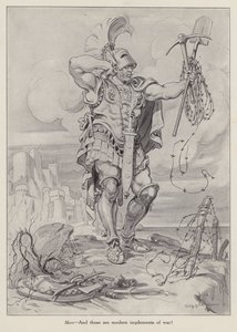 罗马战神马尔斯手持堑壕战中使用的铁锹和铁丝网（石版画） 作者 美国学校