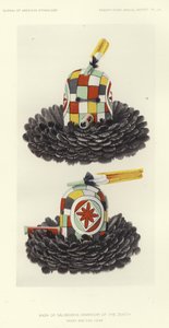 萨利莫比亚（天顶武士）面具 - 正面和侧面（彩色石版画） 作者 美国学校