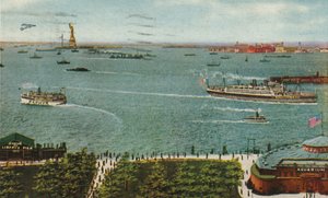 纽约炮台的海港，展示自由女神像和埃利斯岛，约建于1910年 作者 美国学校