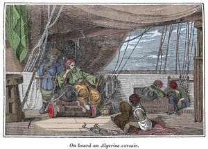 在阿尔及利亚海盗船上 查尔斯·埃尔姆斯 (Charles Ellms) 于 1837 年创作的“海盗自己的书，最著名的海上强盗的真实故事”中的插图 作者 美国学校