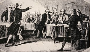 帕特里克-亨利于1775年3月在弗吉尼亚州议会上发言（石印）。 作者 美国学校