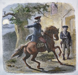 保罗-里维尔在1775年4月18日晚上的著名骑行（彩色平版印刷）。 作者 美国学校