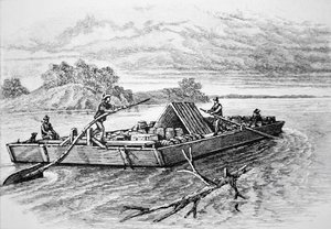 密西西比河上的先锋平底船，约1840年（雕刻）。 作者 美国学校