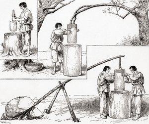 原始的玉米研磨方式，摘自《世纪画报月刊》，1884年出版（木刻版）。 作者 美国学校