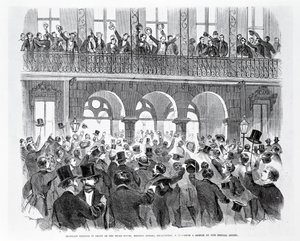 南卡罗来纳州查尔斯顿会议街米尔斯大厦前的分裂会议，约1860年（雕刻）（黑白照片） 作者 美国学校