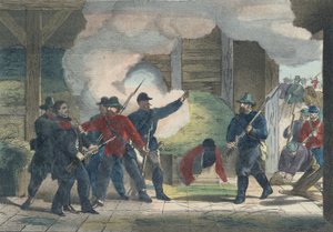 凶手Wilkie Booth的缉获与死亡，1865年（彩色印刷） 作者 美国学校