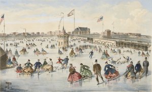 在联合池塘上滑冰，出版。1863年（彩色平版印刷）。 作者 美国学校