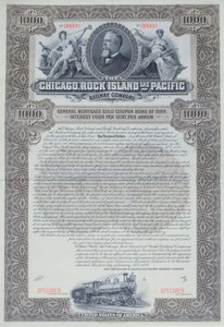 1898年芝加哥，洛克岛和太平洋铁路公司的标本债券证书为1000美元 作者 美国学校