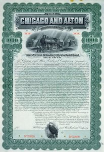 1899年芝加哥和奥尔顿铁路公司的标本债券证书为1000美元 作者 美国学校