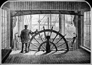 汽船驾驶员在驾驶室，约1870年（雕刻）。 作者 美国学校