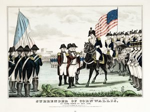 康沃利斯在弗吉尼亚州约克镇投降》，1781 年 10 月出版。Currier  Ives 作者 美国学校