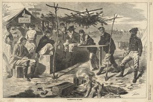 营地里的感恩节，来自《哈珀周刊》，出版。1862年（雕版画） 作者 美国学校