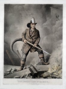 美国消防员，面对敌人》，出版。1858年（手绘平版印刷）。 作者 美国学校