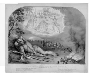 美国爱国者梦想，战斗前一天晚上，酒吧。作者：Currier＆Ives，1861年