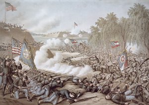 科林斯战役，1862年10月3日至4日，显示南北双方的旗帜，由库尔兹和艾利森制作（彩色平印）。 作者 美国学校