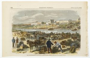 撤离德克萨斯州布朗斯维尔的南军，约1864年（手绘木浆纸上的石版画）。 作者 美国学校