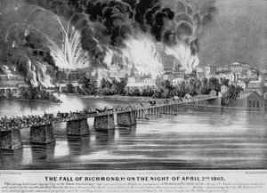 1865年4月2日晚上，弗吉尼亚州里士满的秋天，酒吧。作者：Currier＆Ives，1865年 作者 美国学校