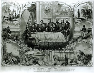 第十五条修正案，由尤利西斯-格兰特总统（1822-85）于1870年3月签署（平印）（黑白照片）。 作者 美国学校
