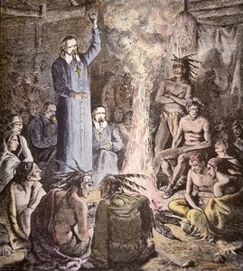 法国耶稣会传教士布雷伯夫在阿尔冈昆人中（彩色平版印刷）。 作者 美国学校