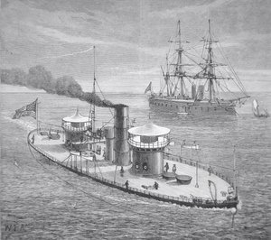 1863年下水的Miantonoma号，双炮塔装甲显示器（石印）。 作者 美国学校