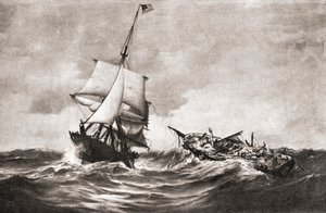 1812 年战争期间，美国黄蜂号战列单桅帆船俘获英国皇家海军欢乐号 (HMS Frolic)，这是一次海上行动，摘自 1905 年出版的《我国历史》（平版印刷） 作者 美国学校