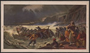 出发，下水救生艇，约 1878 年（色版画） 作者 美国学校