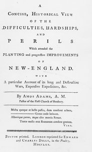 1770年参加新英格兰种植和进步改良的困难，艰辛和危险的简明历史观的标题页（印刷纸） 作者 美国学校