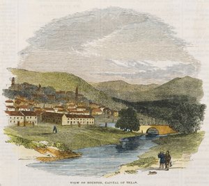 休斯敦，得克萨斯州的首都看法，c。 1852年（手工彩色木版画） 作者 美国学校