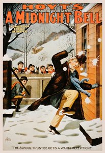 男孩用雪球向男人投掷的老式海报，1890-99年 作者 美国学校