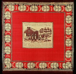 威廉·亨利·哈里森在1840年的Log Cabin（丝绸）欢迎两位老同志 作者 美国学校
