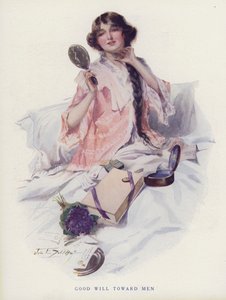 女子翻看男性仰慕者送的礼物（彩色石版画） 作者 美国学校