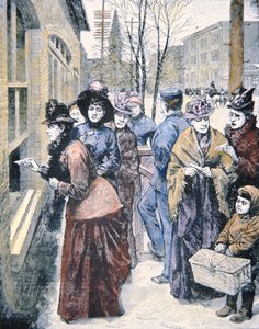 美国的妇女选举权：1869年赢得这一权利后在怀俄明州的妇女投票（彩色雕刻）。 作者 美国学校