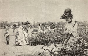 意大利米兰布雷拉散步的妇女，根据 Amerino Cagnoni（1853-1923 年）的画作 Maggio（五月）雕刻，摘自《意大利画报》，第 10 年，第 43 期，10 月 28 日 作者 阿美利诺·卡尼奥尼（Amerino Cagnoni）