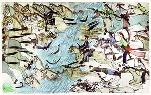 美国骑兵在美国原住民战士追赶的河上后撤，c1900 作者 阿莫斯（Amos）Bad Heart Buffalo