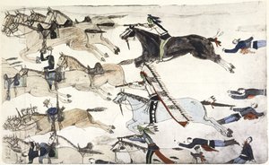 小大角战役 1876 年 6 月 25-26 日。马库斯-雷诺少校率领的美国第七骑兵营撤退。阿莫斯-坏心水牛（苏族人）的画作，约 1900 年 作者 阿莫斯（Amos）Bad Heart Buffalo