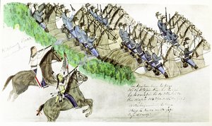 1876 年 6 月 25 日，蒙大拿州小大角河战役开始。平原印第安人和美国骑兵。取自苏族印第安人阿莫斯-坏心水牛的画作。 作者 阿莫斯（Amos）Bad Heart Buffalo