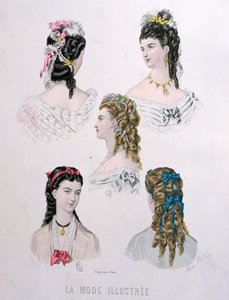 带有丝带的发型，插图来自&39;La Mode Illustree&39;，1872年（彩色雕刻） 作者 阿奈斯·图杜兹（Anais Toudouze）