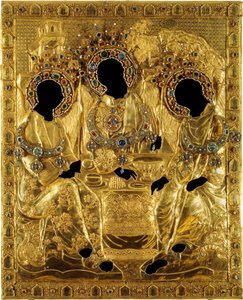 俄克拉德封面的圣三位一体图标，安德烈·鲁布廖夫（Andrei Rublev），1600-1625年