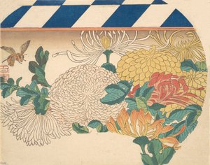 扇形设计的菊花，19世纪40年代，1840年代。 作者 安藤广重