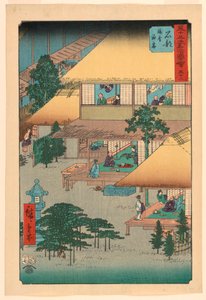 东海道53站》系列中的《石部：旅馆里的客人》（Isibe, ryosha tomarikyaku）。 作者 安藤广重