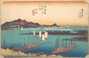 从Ejiri出发的Miwo松树林全景，1834年。 作者 安藤广重