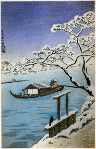 地理：日本日本。冬季的河流广重的木刻作品：东海道五十三站（1833-1834 年）。明信片，日本，约 1900 年（明信片）