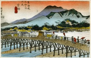地理位置。日本桥（第 55 车站）的晨光。广重的木刻作品：东海道五十三站》（1833-1834 年）。明信片，日本，约 1900 年（明信片）