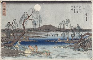 在多摩河上的月光下捉鱼，选自“雪，月和花”系列（“ Settsu Gekka”）（木版画） 作者 安藤或歌川广重