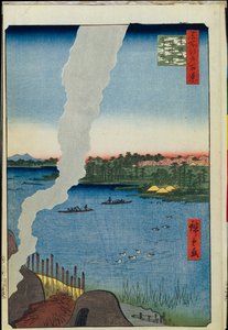江户百景：隅田川上的窑洞和羽柴渡口（江户百景）--广重，宇多川（1797-1858）--1856-1858--彩色木刻--圣彼得堡国立冬宫博物馆。 作者 安藤或歌川广重