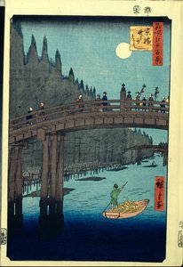 日本版画：京桥边的竹码头（日本东京）。京桥旁的竹码头》，《江户百景图》。Utagawa Hiroshige（1797-1858 年）的作品，木版画（39x26 厘米） 作者 安藤或歌川广重