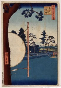 日本版画：高田赛马场（日本东京）。(江户百景系列）。(高田的赛马场。江户百景系列）。宇多川广重（1797-1858 年）的作品，木版画 作者 安藤或歌川广重