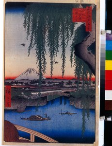 日本版画：八海大桥（日本东京）。江户百景》中的《八海桥景色》。Utagawa Hiroshige（1797-1858 年）的作品，木版画（37x24 厘米） 作者 安藤或歌川广重