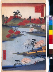 Le jardin du temple Hachiman a Fukagawa (cent vues celebres de Edo) - Utagawa Hiroshige（1797-1858 年）的作品，日本木刻，约 1858 年 - （深川八幡神社的露天庭院（江户百景），Hiroshige 的彩色木刻，约 1858 年）。 作者 Ando or Utagawa Hiroshige