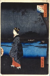 松千山，三屋护城河，夜景（彩色木刻版画）